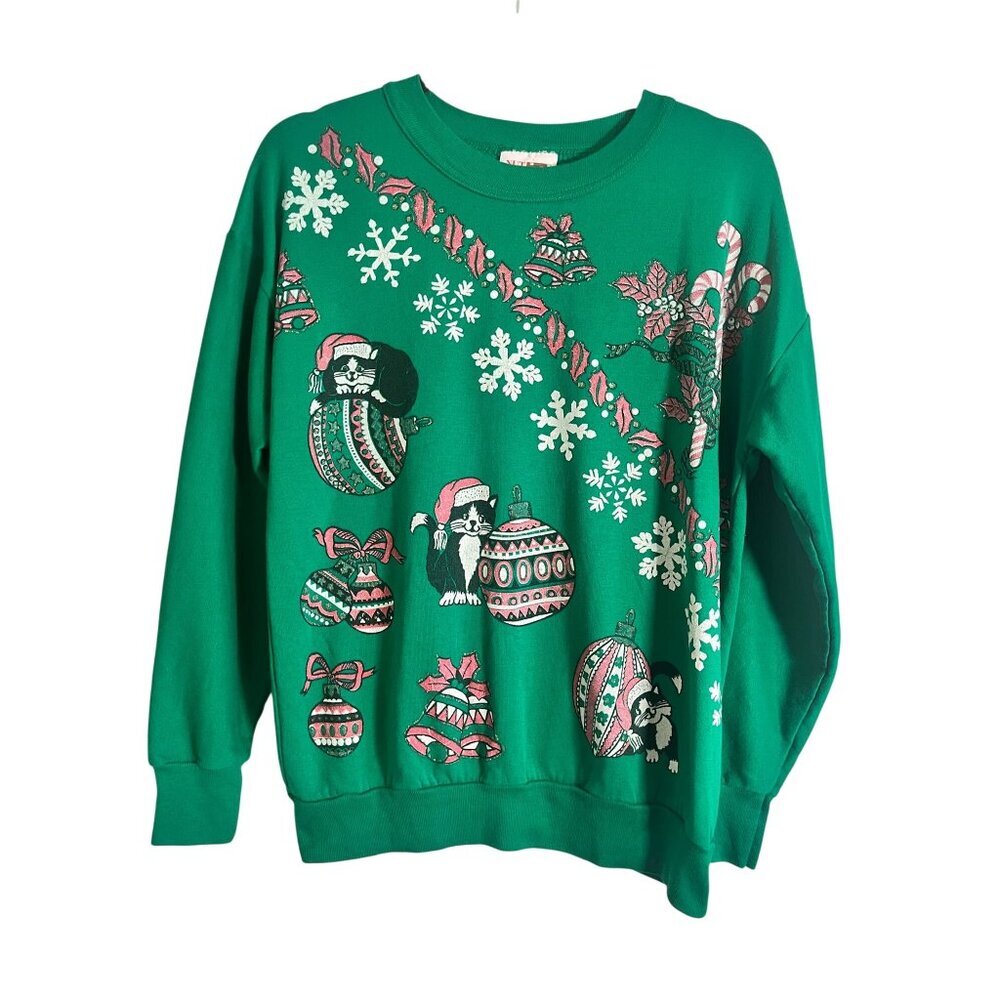 Vintage Christmas Cat Sweatshirt‎ Green S Retro Festive Holiday Classic 80s Chic
